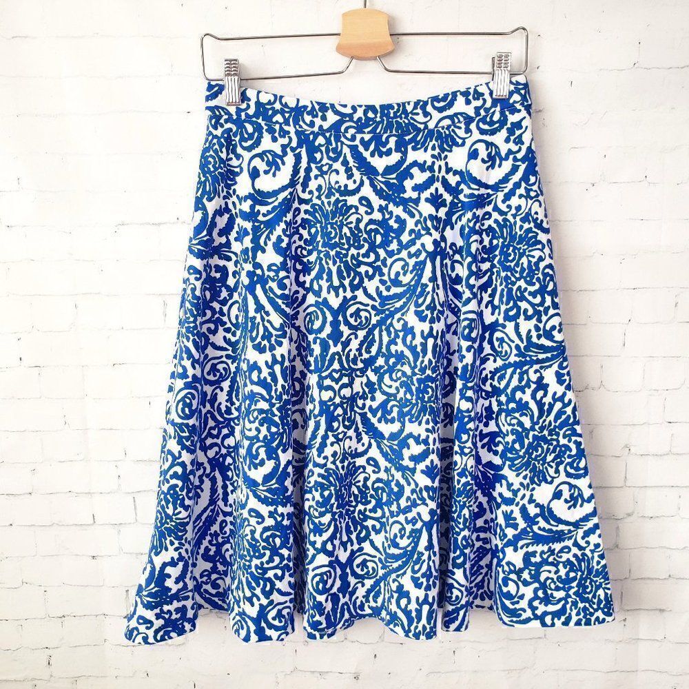 Adrienne Vittadini Damask Scroll Paisley A-Line Skirt Size S Blue White Ponte